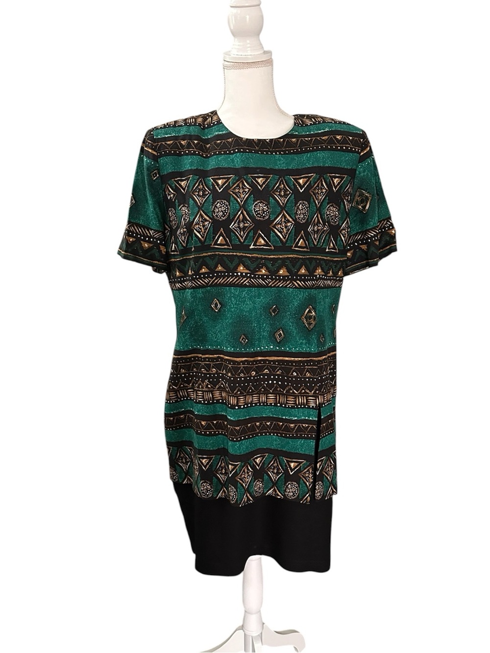 Vintage 90’s Just In Thyme Ltd Teal/Black/Tan Mixed Print Dress, 14